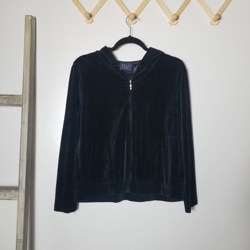 CRAZY HORSE LIZ CLAIBORNE VELVET BLACK ZIP UP HOODIE SIZE MEDIUM WITH POCKETS